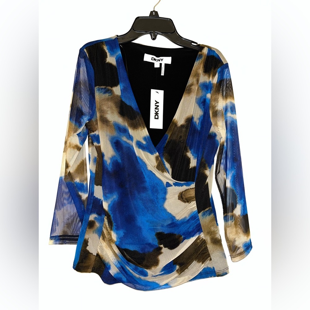 DKNY Blue, Black & Tan Abstract Wrap-Front Blouse